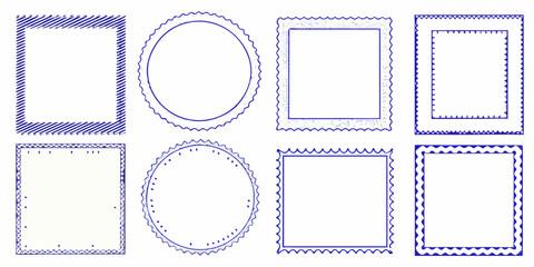 Collection of eight unique hand drawn blue decorative borders and frames for design elements