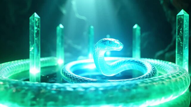 Mystical Serpent Guardian Ascending Amidst Glowing Green Crystals and Ethereal Light Beams in a Dark Cavern Environment