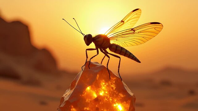 Macro Close Up Of An Insect Perched On A Glowing Amber Crystal During A Vibrant Desert Sunset With Golden Light