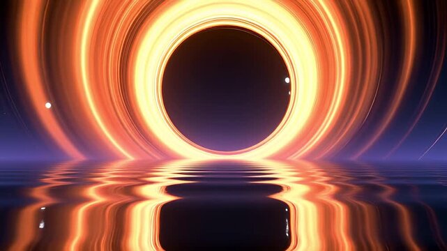 Abstract Cosmic Vortex With Fiery Orange Rings Reflecting On Calm Water Surface And Two Distant White Orbs Against Dark Purple Sky Background