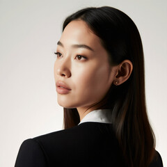 
Elegant side portrait of a thoughtful Asian businesswoman in a dark suit