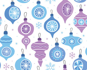 Christmas seamless pattern, blue and purple christmas balls, toys on white background. Festive new year ornament.	
