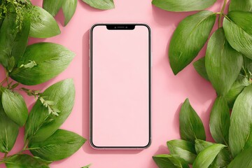 Smartphone surrounded by fresh greenery on a pink background