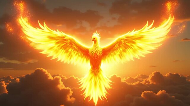 Majestic Fiery Phoenix Bird Ascending Through Golden Sunset Clouds Symbolizing Rebirth and Hope