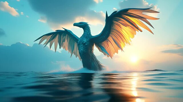 Majestic Blue Winged Dragon Emerging from Ocean Waters at Sunrise with Golden Light and Dramatic Clouds