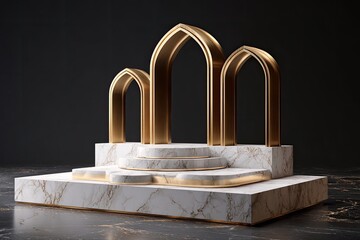 Gold arched alcove on a tiered marble podium