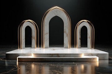 White marble platform with gold arches