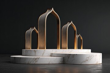 A tiered, marble podium with golden arches