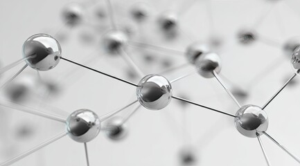 Abstract molecular structure.  Silver spheres, connected by thin lines, creating a complex network against a light background.  Intricate, scientific, and modern design