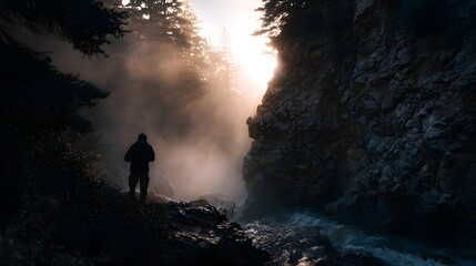 Obraz premium Solitary figure observes misty ravine with sunrays piercing through forest and cliffs