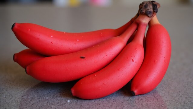 Bunch of ripe red Dacca bananas on a kitchen counter, close-up shot