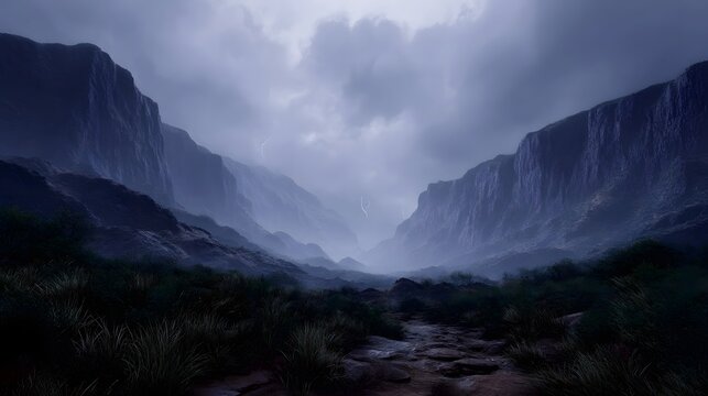 Ethereal mountain chasm shrouded in mist and dramatic storm clouds with distant lightning strikes illuminating the rugged landscape - Powered by Adobe