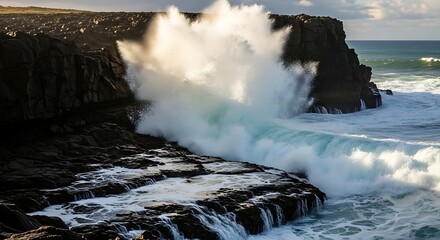 Dramatic Ocean Wave Crashing Against Rocky Cliffs, Spray and Sunlight Burst.