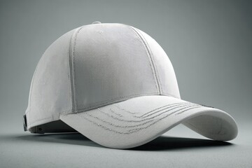 A plain white baseball cap angled on a light gray background.  The cap is made of a soft, smooth fabric, and the bill is slightly curved.  Delicate stitching details are visible along the bill's edge
