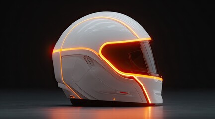 Sleek white helmet with glowing orange accents.  Futuristic design,  modern lines,  high-tech look.  Profile view,  isolated on black background