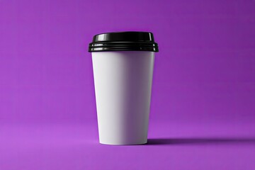 Blank white disposable coffee cup with black lid on vibrant purple background