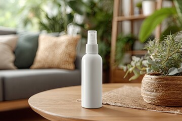 White spray bottle on a wooden table, surrounded by plants and a couch