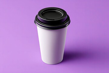 Single disposable coffee cup, white with black lid, on a vibrant purple background