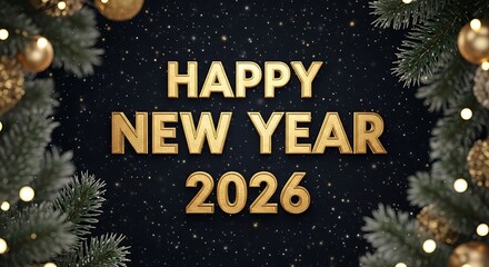 Golden happy new year 2026 text with festive christmas tree branches and ornaments against a dark starry background celebrating the upcoming year with a touch of elegance and sparkle