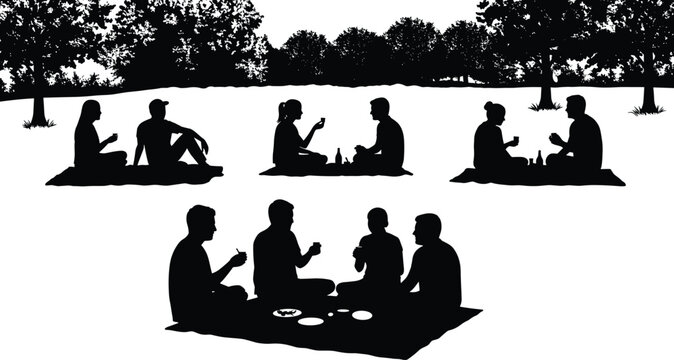 Silhouette group of friends having picnic outdoors, relaxing on grass with food and drinks, leisure lifestyle illustration in nature park