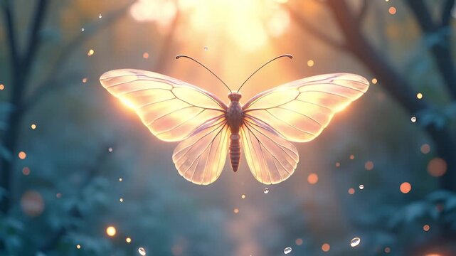 Luminous Butterfly Floating Gracefully in a Sunlit Forest Glade with Soft Bokeh Lights and Gentle Hues of Gold and Teal