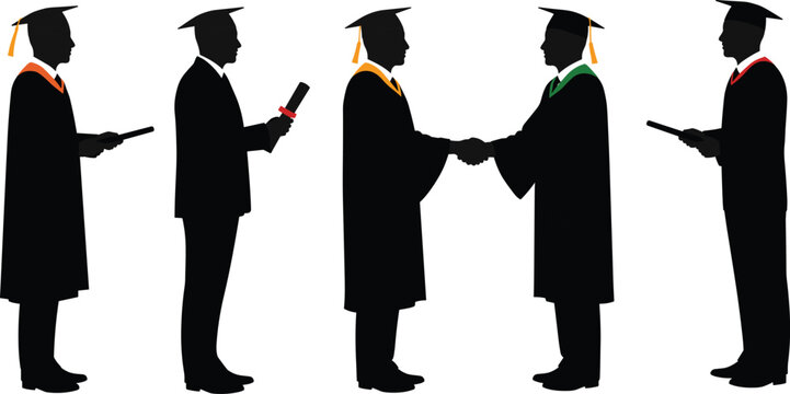 Silhouette illustration of graduates in caps and gowns receiving diplomas and shaking hands during graduation ceremony, education success, achievement, academic celebration