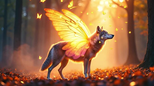 Mystical Wolf With Glowing Butterfly Wings In A Sunlit Autumn Forest Surrounded By Fluttering Yellow Butterflies At Sunset