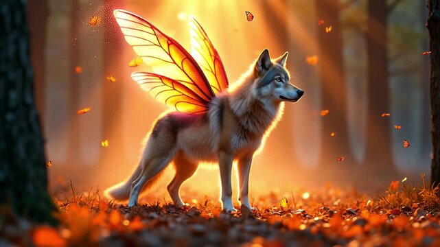 Magical Wolf With Translucent Orange Wings Stands In An Autumn Forest With Falling Leaves And Sun Beams