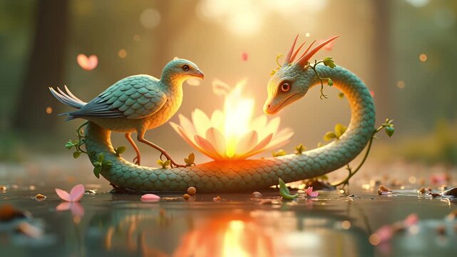 Enchanting Forest Scene with a Gentle Serpent and a Small Bird Gathered Around a Glowing Lotus Flower in Golden Hour Sunlight with Floating Petals