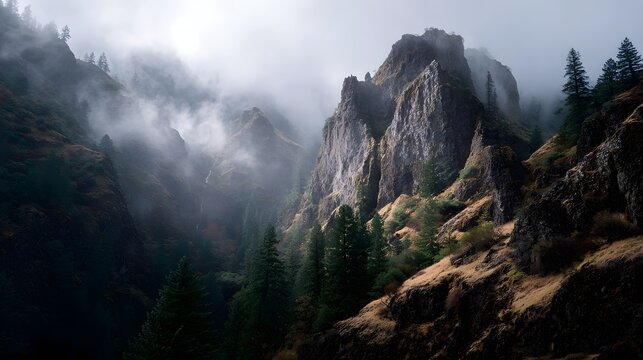 Misty mountainous gorge featuring rugged weathered cliffs and dense evergreen forests under atmospheric cloudy skies
