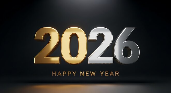 Elegant 3d rendering of the year 2026 in gold and silver metallic numbers with a subtle spotlight and the words happy new year below on a dark background