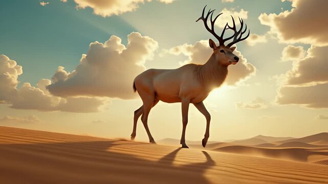 Majestic Stag Walks Across Golden Sand Dunes Under a Dramatic Sunset Sky with Cumulus Clouds
