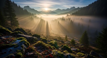Dramatic Sunbeams Piercing Through Misty Valley in Mountainous Forest Landscape.