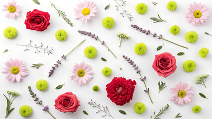 Fototapeta premium Creative pattern made of various flowers and leaves. Flat lay. S