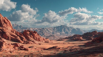 Vast desert landscape with vibrant red rock formations, dramatic mountains, and a pale sky