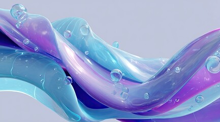 Abstract liquid forms in vibrant pastel hues.  Soft, flowing, wavy shapes of light blue, purple, and pink, with translucent bubbles.  3D render