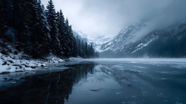 Serene winter landscape with snow covered mountains evergreen forest and a reflective frozen lake