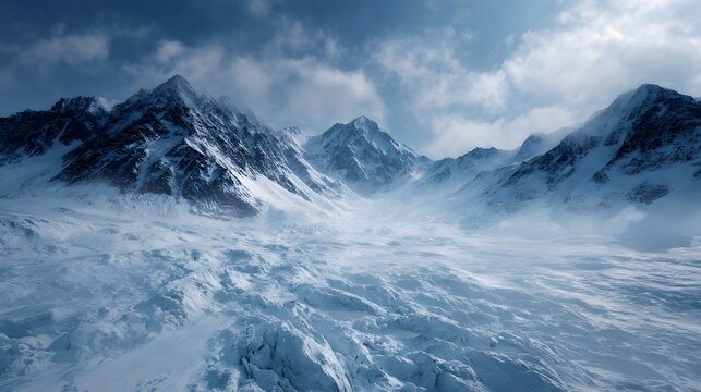 Majestic frozen mountain landscape with vast snowy peaks under a dramatic cloudy sky