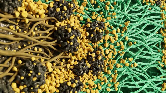 3D orbital shot of sugar (glucose) cross-linking proteins in the cellular matrix, forming stiff AGEs.