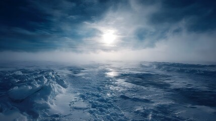 Obraz premium A desolate icy landscape under a cloudy misty sky with the sun shining through suggesting extreme winter conditions