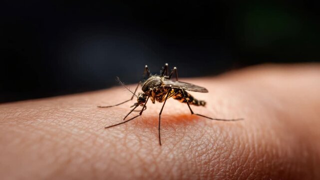 A mosquito rests on human skin, detailed view. Dark background. Macro focus on the insect
