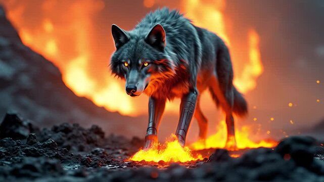Menacing Dark Wolf with Glowing Eyes Stands on Fiery Cracked Earth Under Dramatic Orange Sky and Flickering Flames