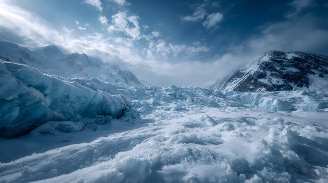 A majestic winter landscape of a vast blue ice glacier field with dramatic mountains under a cloudy sky