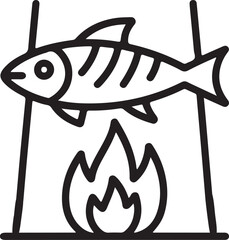 Simple line art icon of a fish cooking over an open fire