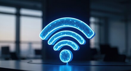 Blue glowing Wi-Fi signal icon in a bright, modern conference room