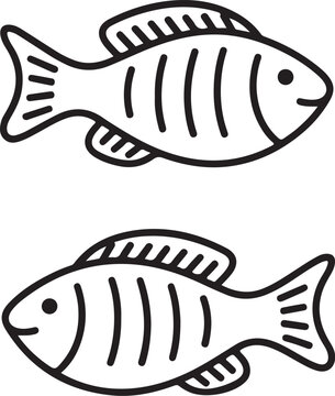 Two simple hand drawn outline fish facing opposite directions isolated
