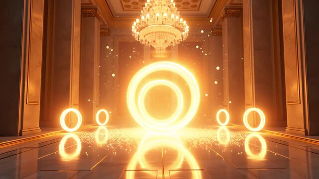 Grand Ballroom With Ornate Chandelier And Glowing Golden Rings In The Center Creating A Mystical Portal Effect With Sparkles And Reflections On The
