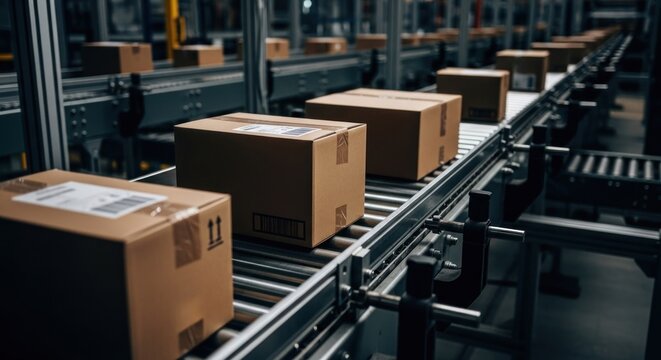 Boxes move along conveyor belts in a warehouse distribution center