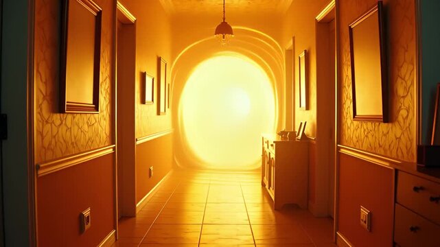 Golden Hour Hallway with Archway of Intense Light and Sunburst Effect Illuminated Interior Space with Ornate Wallpaper and Wooden Floors