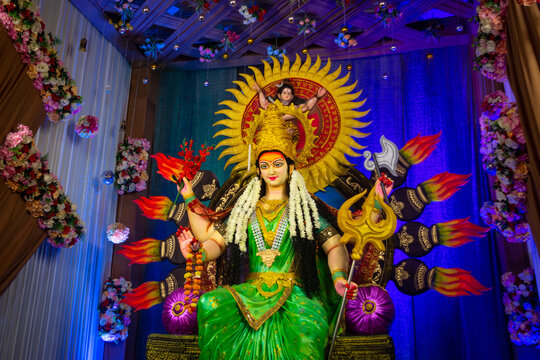 Goddess durga idol at decorated navratri festival pandal. Happy navratri and dussehra